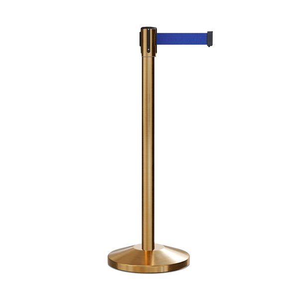 Montour Line Retractable Belt Barrier Stanchion, 2" Sat.Brass Post  11' Dk Blu Belt M530-SB-DBL-110